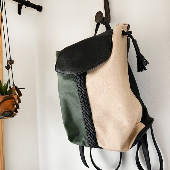Lionel Los Angeles Backpack Tassels Vegan Leather Black‎ Green Cream NEW - Picture 2 of 11